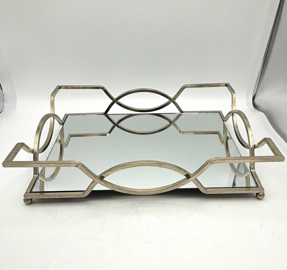 Silver Metal & mirror Rectangular Serving Tray w/ Handles. Medium. Matte